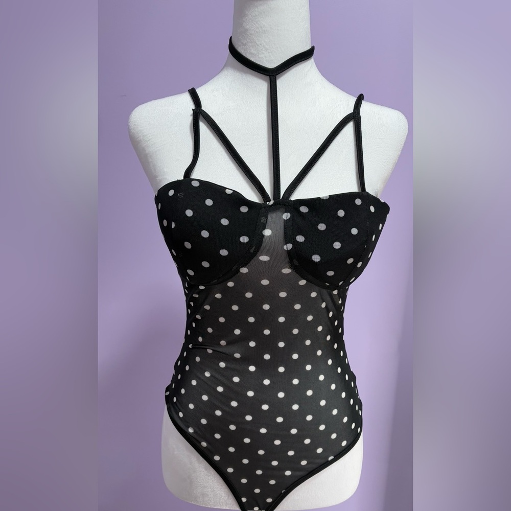 Haute Monde Black and White Polka Dot Mesh Women's Bodysuit-Size Medium